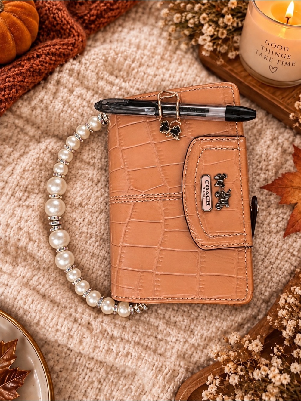 Coach Tan Croc-Embossed Mini Wallet with Pearl Wristlet